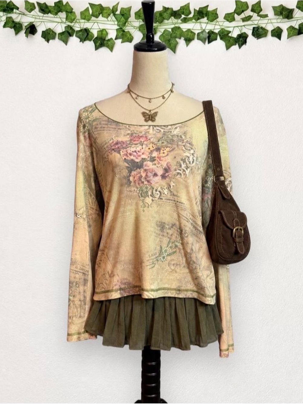 Xcit USA Floral Butterfly Embellished Long Sleeve Top Beige Green Estimated M
